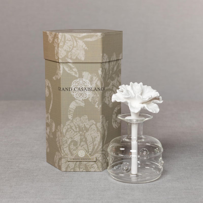 Zodax Grand Casablanca Porcelain Oil Diffuser - Home Fragrance Oil Diffuser Ideal for Living Room, Bathroom, Office - Flower Design - Gift Box Packaging Included - White Hibiscus - 6.76 Oz. - Image 4